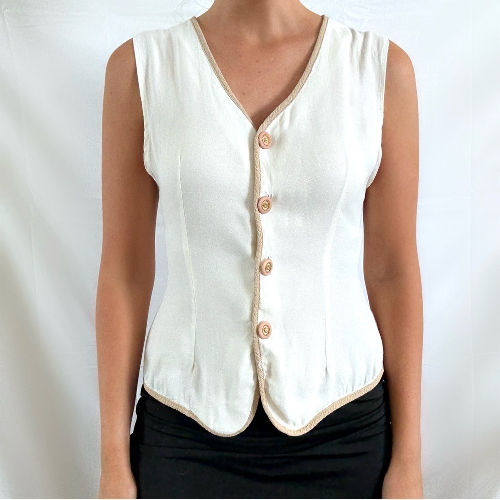 Vintage white cream button up vest blouse top size large minimalist classic